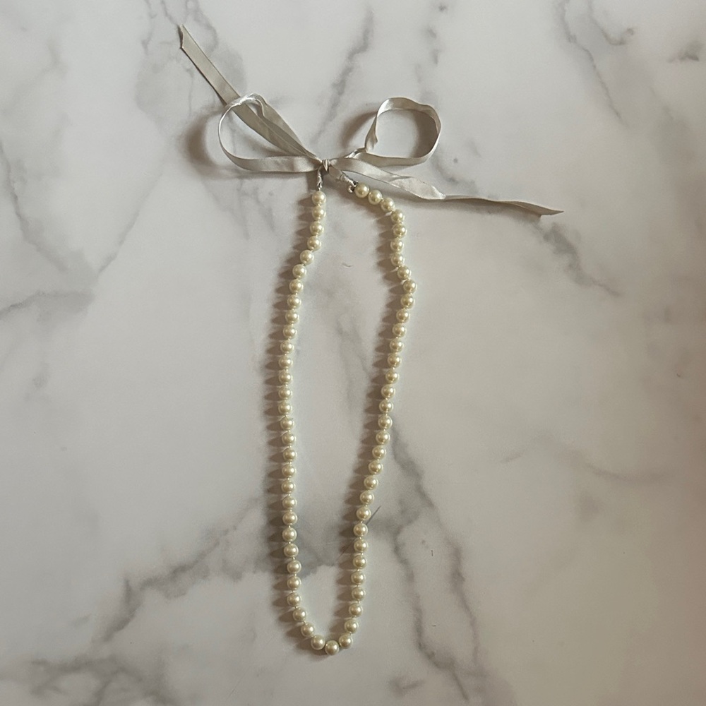 J. Crew Ivory Pearl Necklace with Gray Ribbon